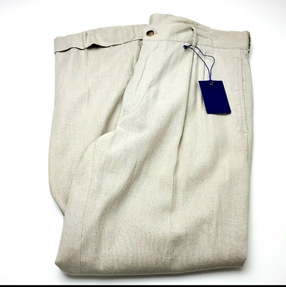 NEW Alan Flusser Linen Rayon Cream Mid Rise Pleated Cuffed 36/30 - Picture 1 of 6